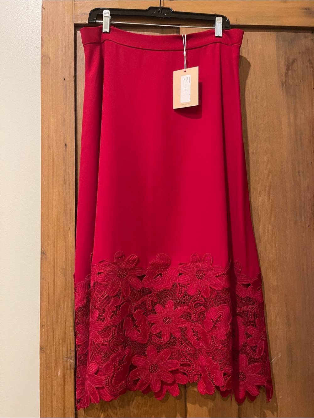Red Midi Skirt with Floral Lace Hem